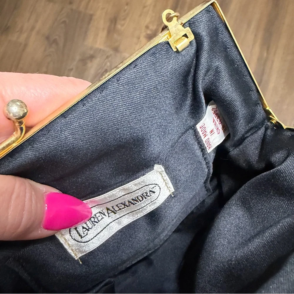 Lauren Alexandra Beaded Black and Gold Evening Bag kiss lock vintage swans - Picture 6 of 8